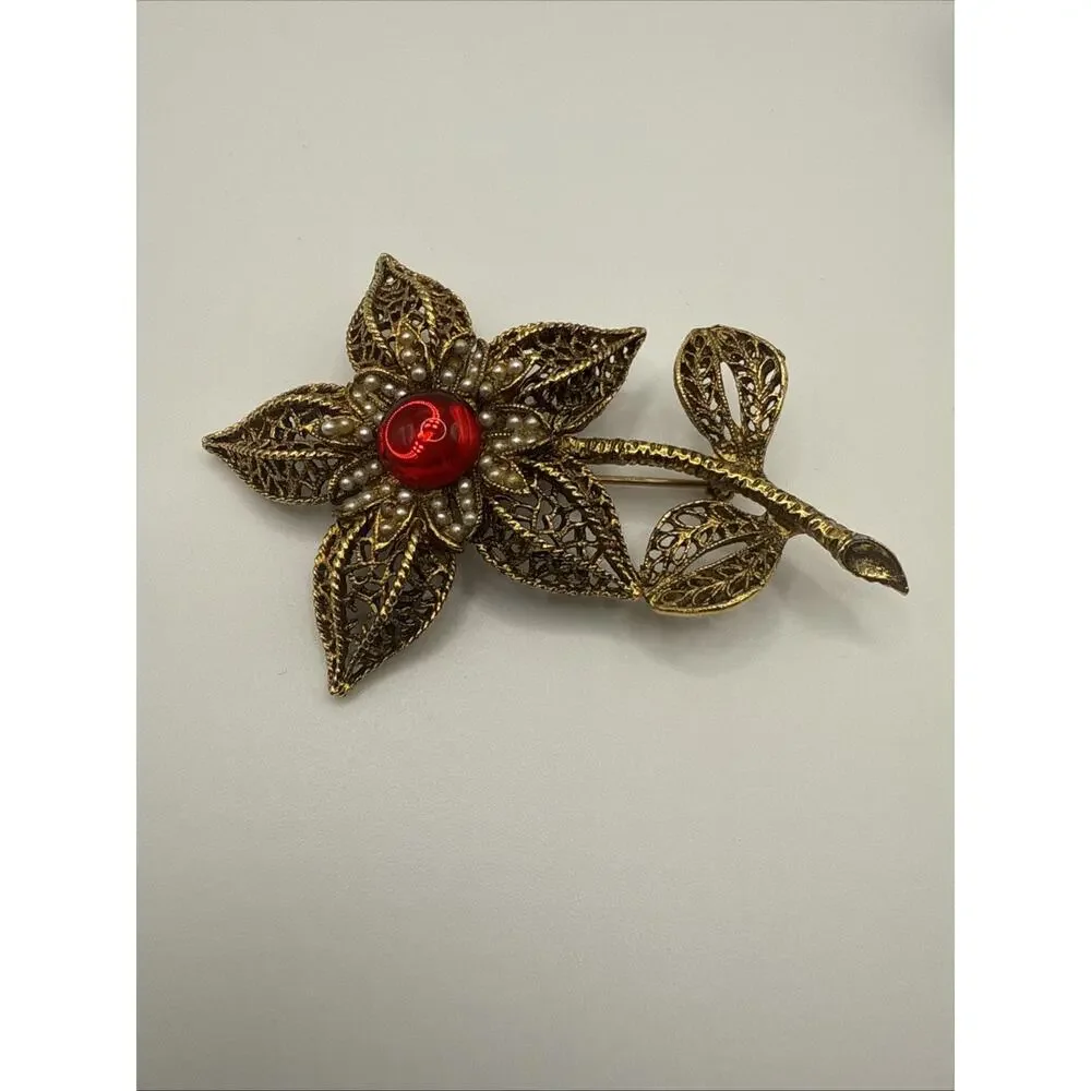 Vintage Lot of Two Brooches Floral Pink Red Lucite Gold Tone‎ Filigree